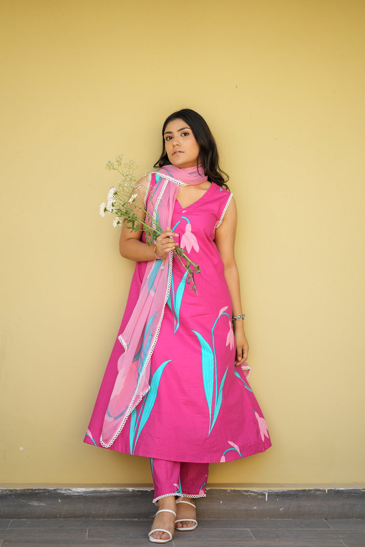 Vibrant Pink Floral Kurta Pant Set with Dupatta
