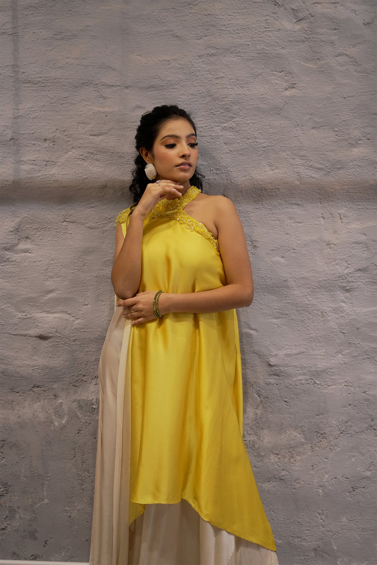 Yellow Hand-Embellished Layered Dress